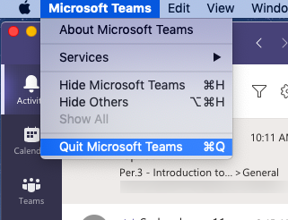Equipos de Microsoft. Acerca de Microsoft Teams. Servicios, Ocultar Microsoft Teams, Ocultar otros, Salir de Microsoft Teams