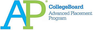 蓝色和绿色的 AP 徽标，带有“AP College Board Advanced Placement Program”文字