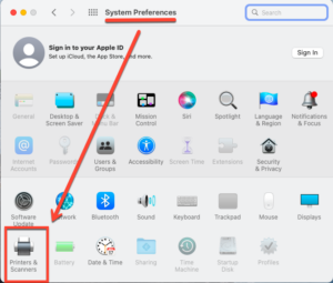 System Preferences w/ Arrow pointing towards Printers and Scanners