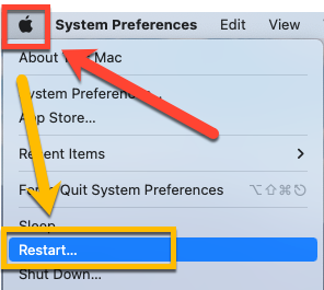 Apple Menu with red arrow pointing towards  Apple and yellow arrow pointing towards "Restart"